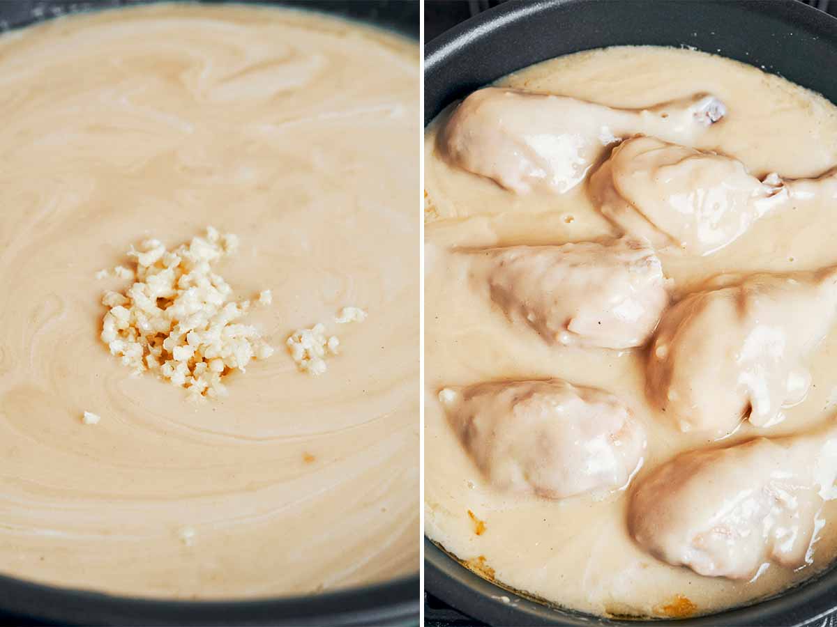Garlic added to the creamy sauce before the chicken finishes simmering until tender
