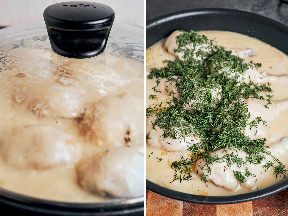 Creamy chicken simmering gently before fresh dill is added for a homemade finish