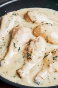 Cozy budget-friendly creamy chicken in a silky sour cream sauce with fresh dill