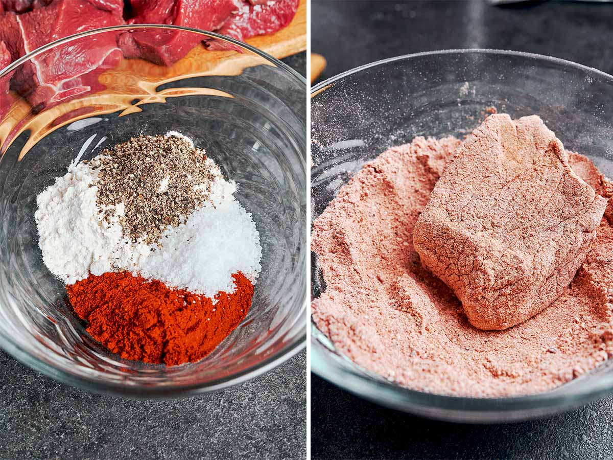 Seasoned beef pieces lightly coated with flour, paprika, salt, and pepper before browning for classic beef stew.