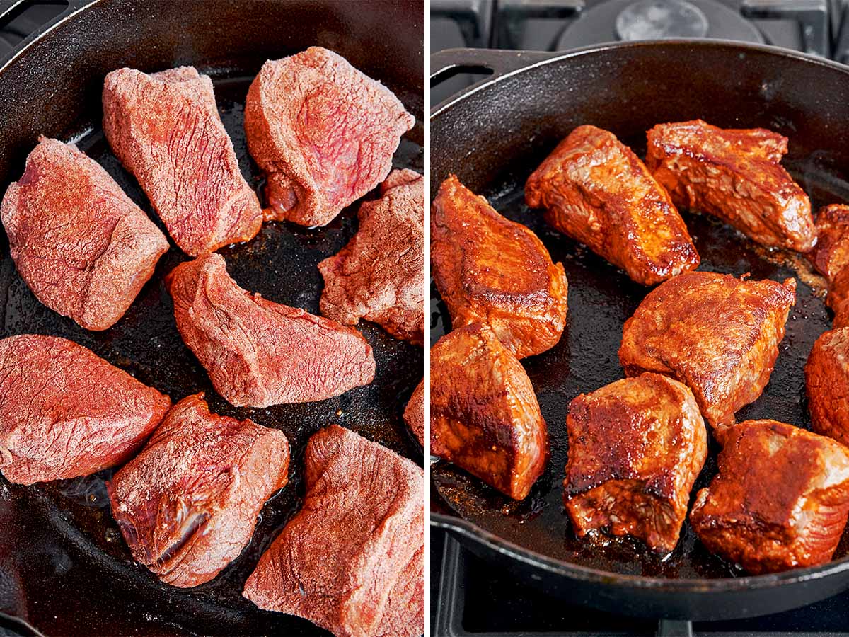 Seasoned beef pieces browning in batches before simmering into a tender classic beef stew.