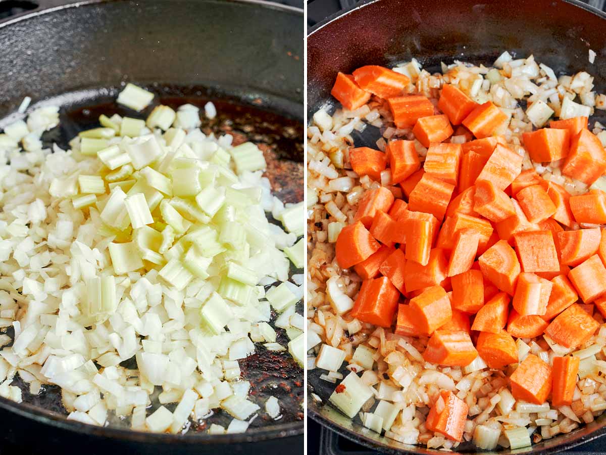 Chopped onion, celery, and carrots sautéing in the pot before simmering into a cozy homemade beef stew.