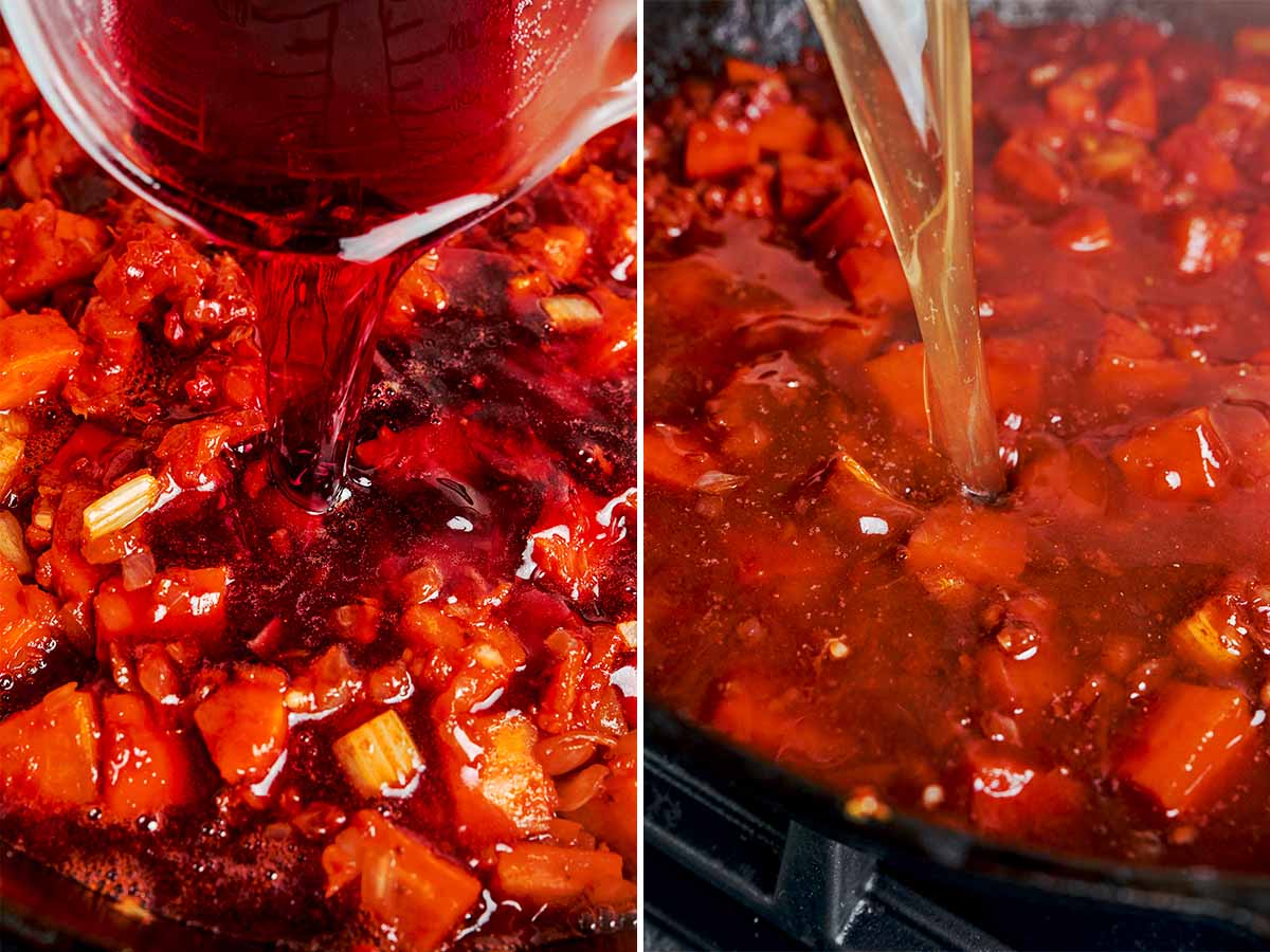 Red wine or pomegranate juice and beef broth poured into the vegetables for a rich classic beef stew sauce.