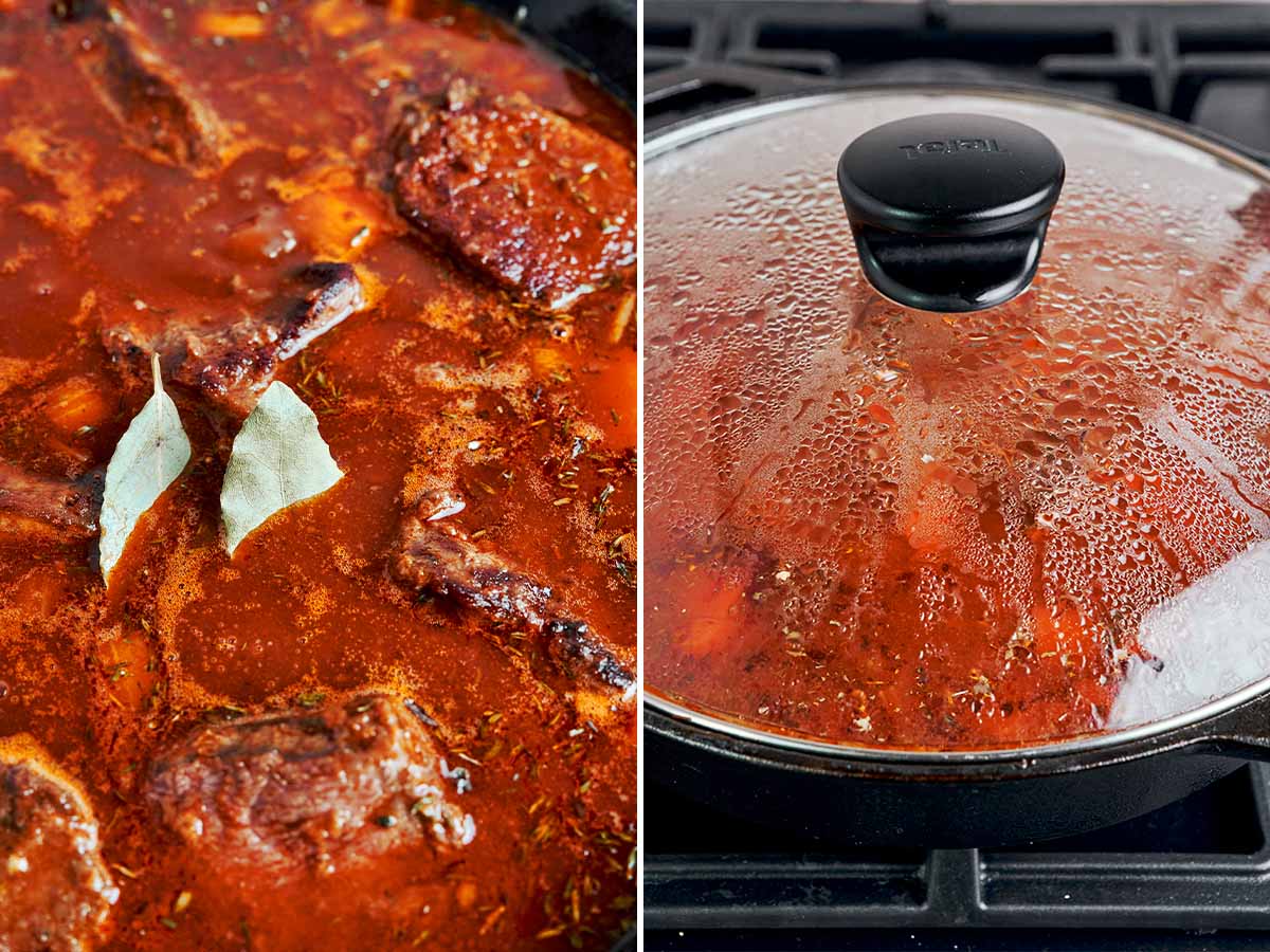 Beef simmering in a rich red wine gravy with bay leaves for a tender classic beef stew.