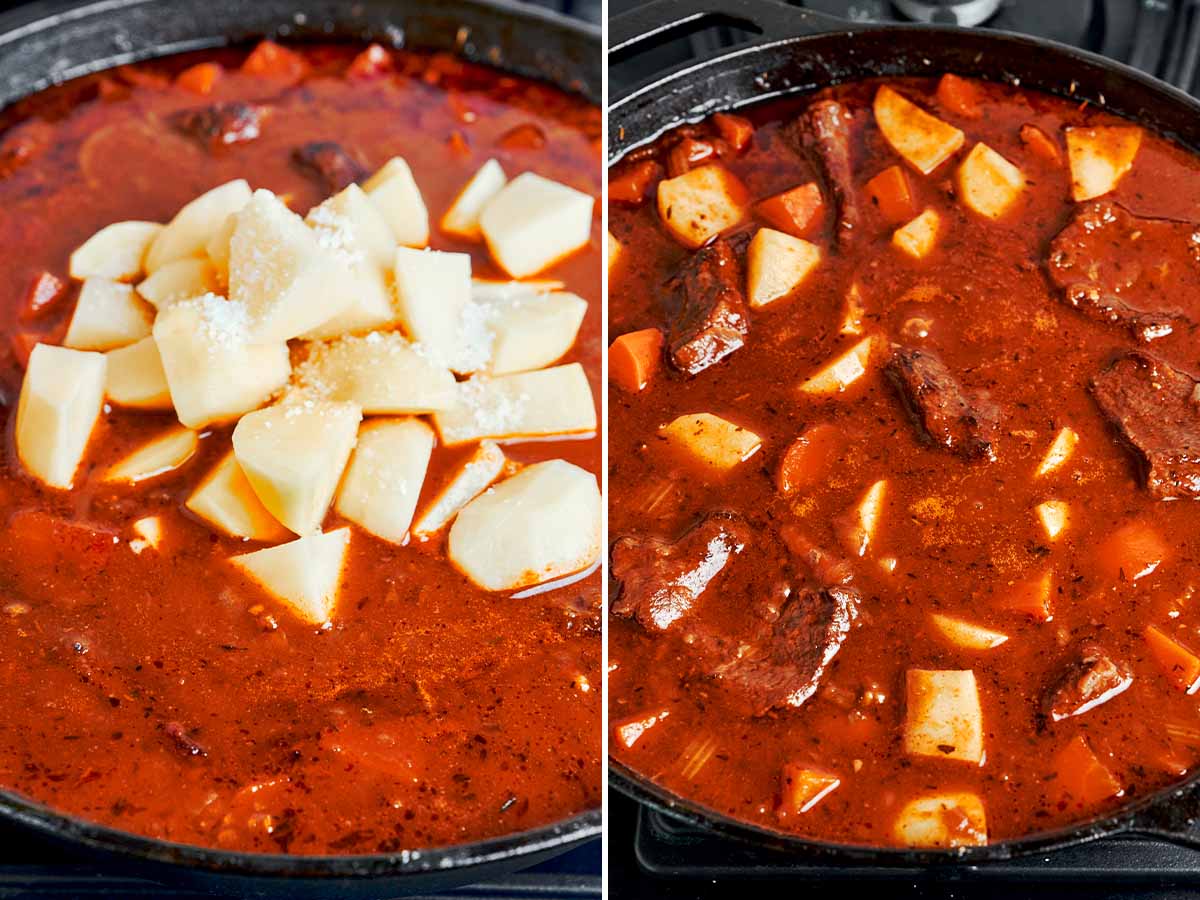 Adding potatoes to classic beef stew so they simmer until tender without falling apart.