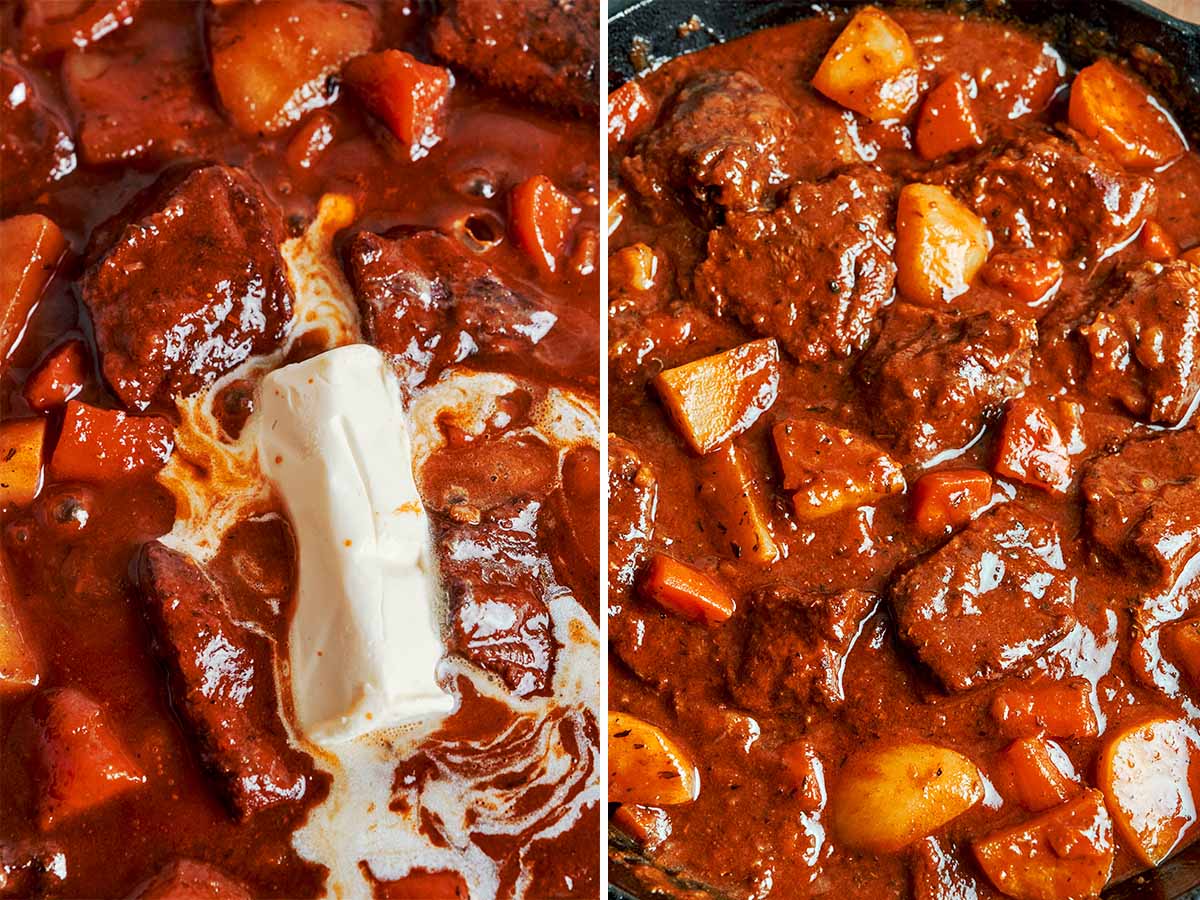 Finishing homemade beef stew with butter for a smooth, glossy gravy with tender beef and vegetables.