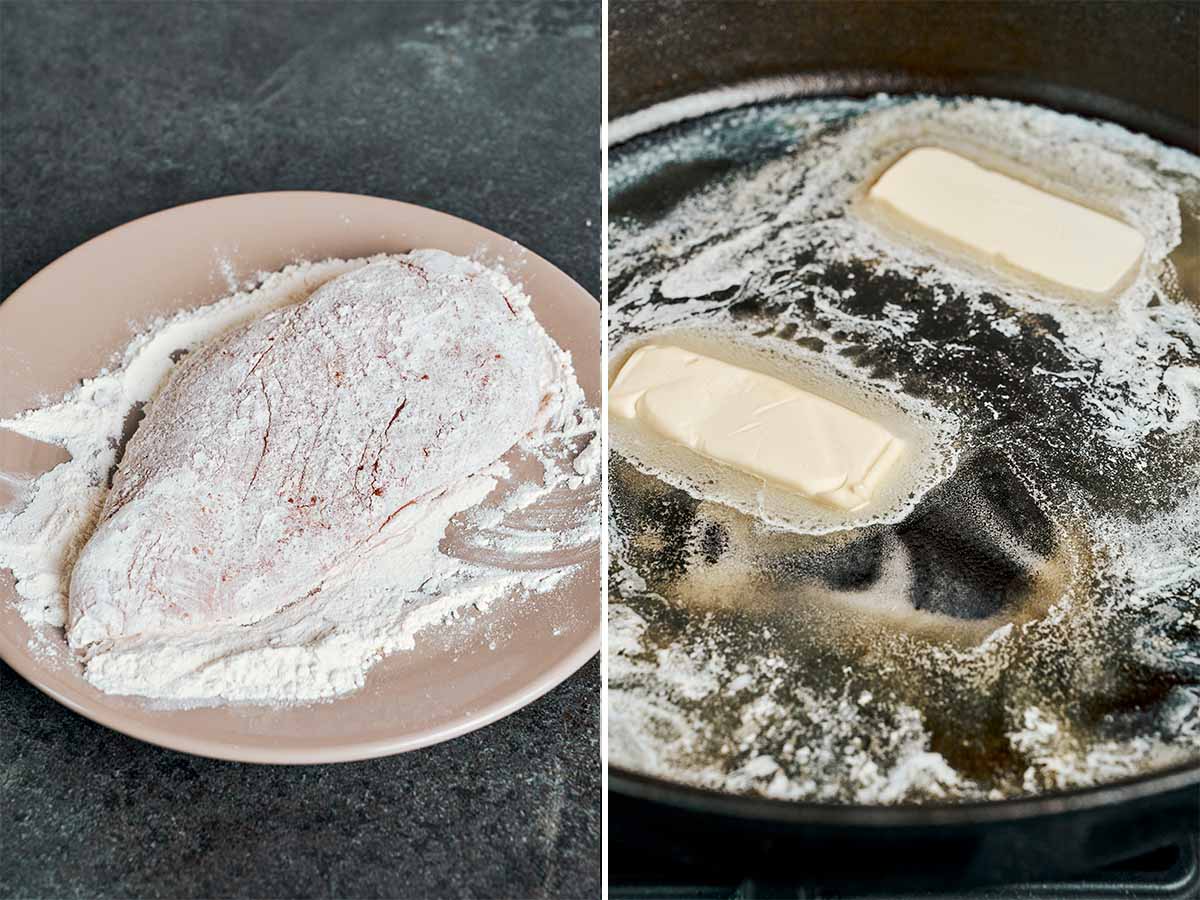 Lightly floured chicken ready to sear as butter melts in a hot skillet.