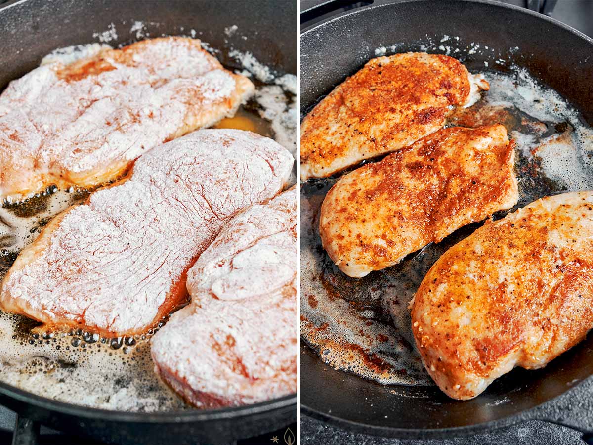 Chicken breasts searing in melted butter until golden brown and flavorful on both sides.