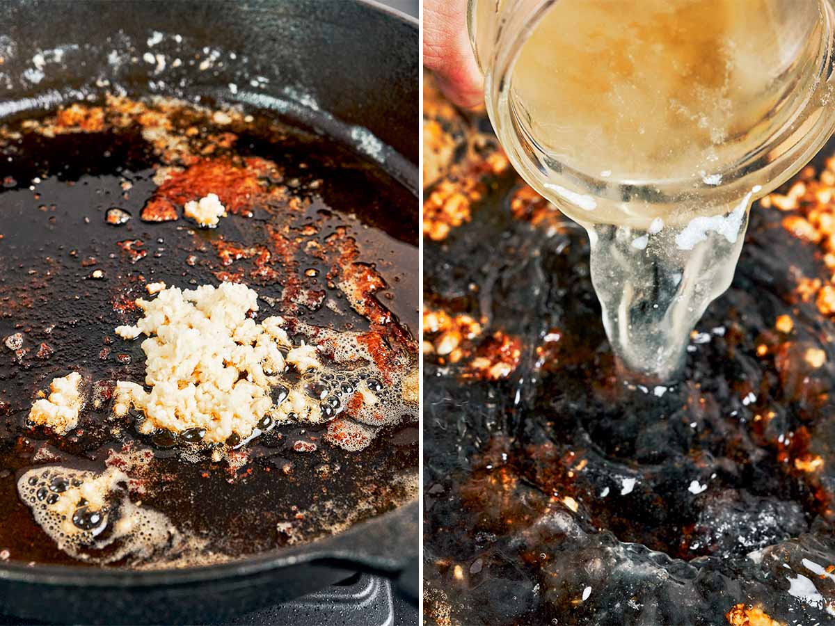 Fresh garlic sizzling in the skillet, then chicken broth added to pull up all the golden browned bits.