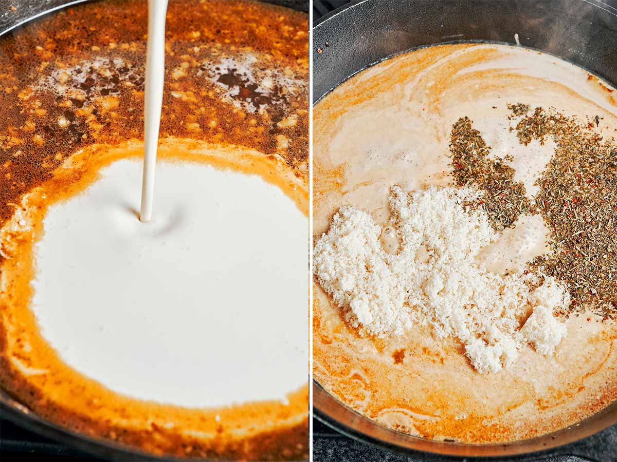 Heavy cream poured into the skillet, then Parmesan and Italian seasoning added for a smooth creamy sauce.