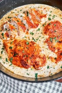 Creamy Alfredo Chicken with golden seared chicken breasts in a rich garlic Parmesan cream sauce.