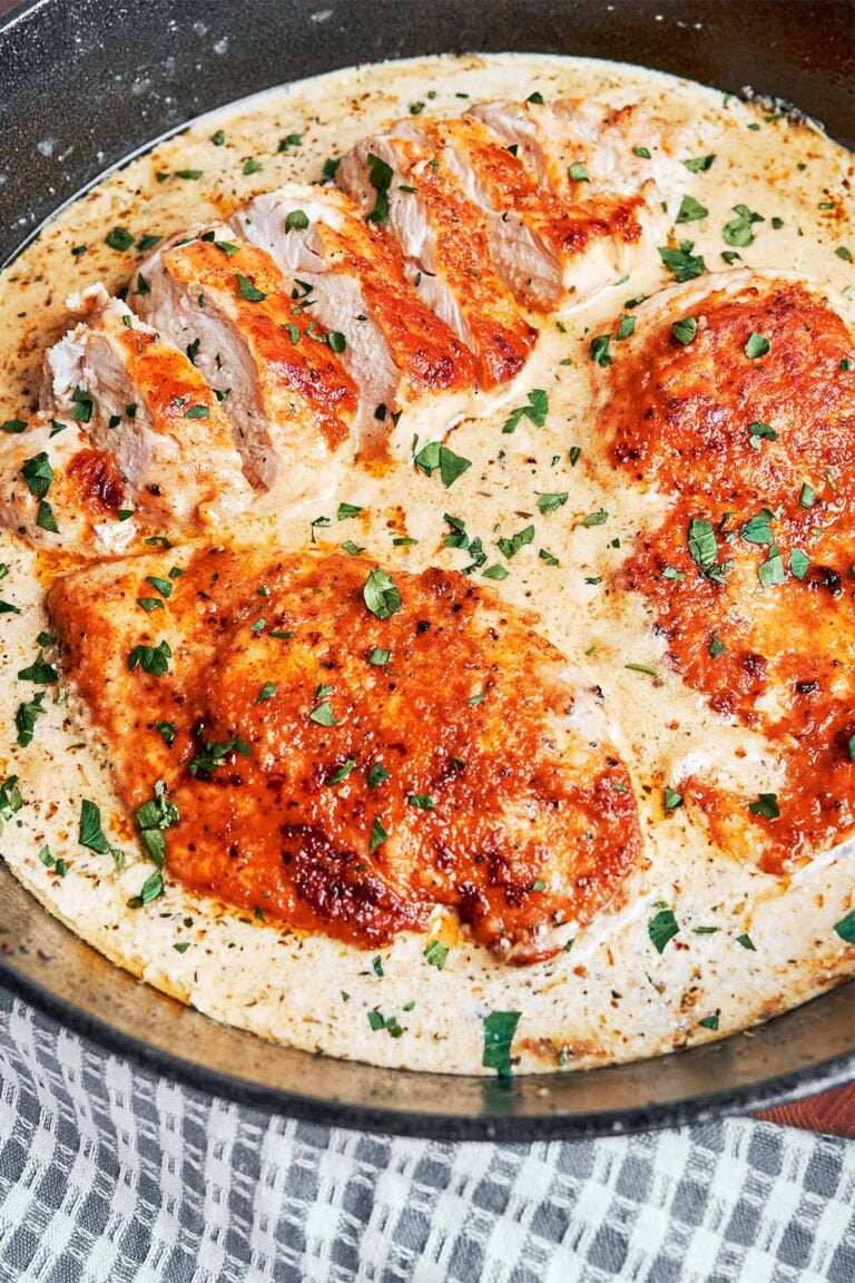 Creamy Alfredo Chicken with golden seared chicken breasts in a rich garlic Parmesan cream sauce.