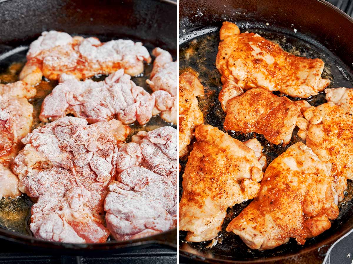 Chicken thighs searing in a hot skillet until golden and flavorful.