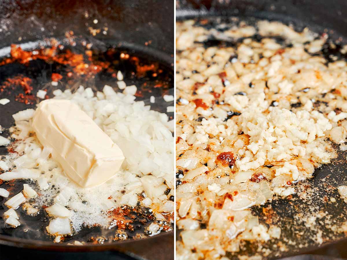 Onion and garlic cooking in butter to start the creamy skillet sauce.
