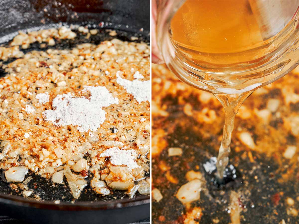 Flour and chicken broth stirred into the skillet to build a silky sauce without cream.