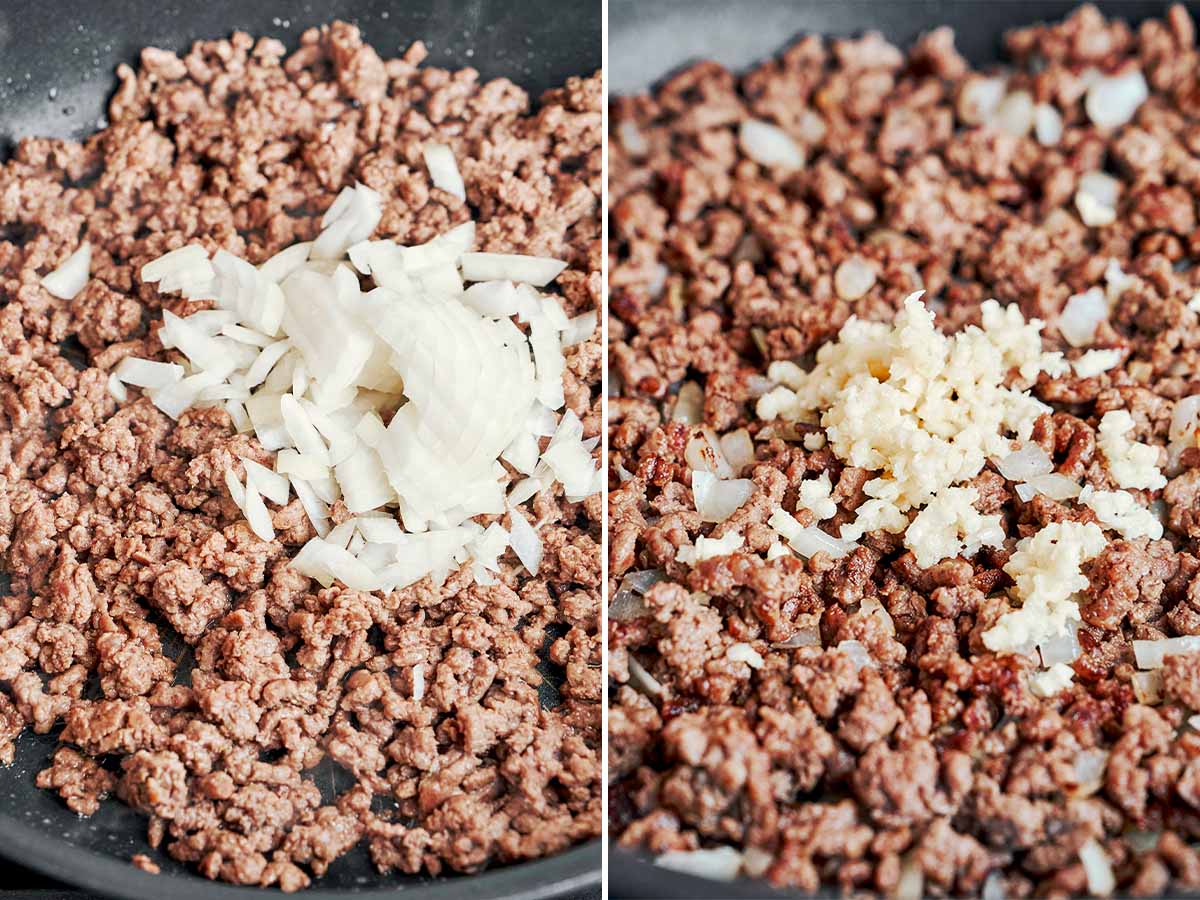 Ground beef with onion and garlic cooking in a skillet for an easy creamy ground beef orzo recipe.