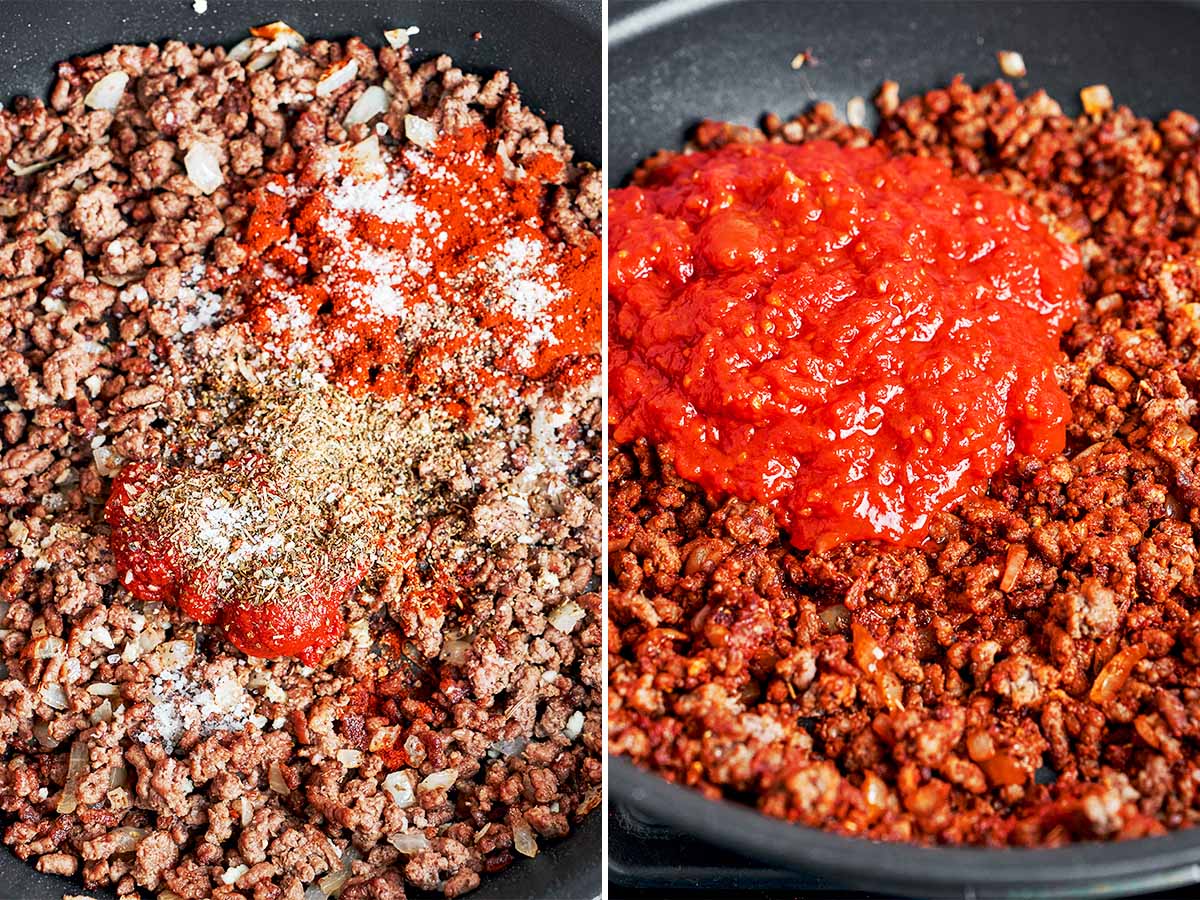 Ground beef mixed with tomato paste, spices, and crushed tomatoes for an easy creamy ground beef orzo recipe.