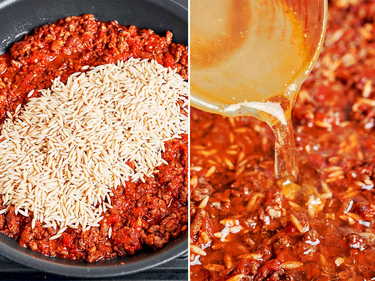 Dry orzo and beef broth added to a skillet with ground beef and tomato sauce.