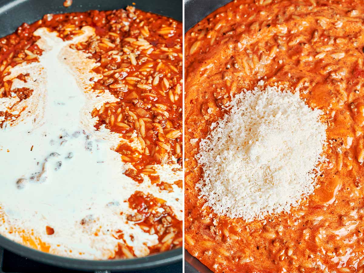 Heavy cream and Parmesan cheese stirred into creamy ground beef orzo for a rich tomato-cream sauce.