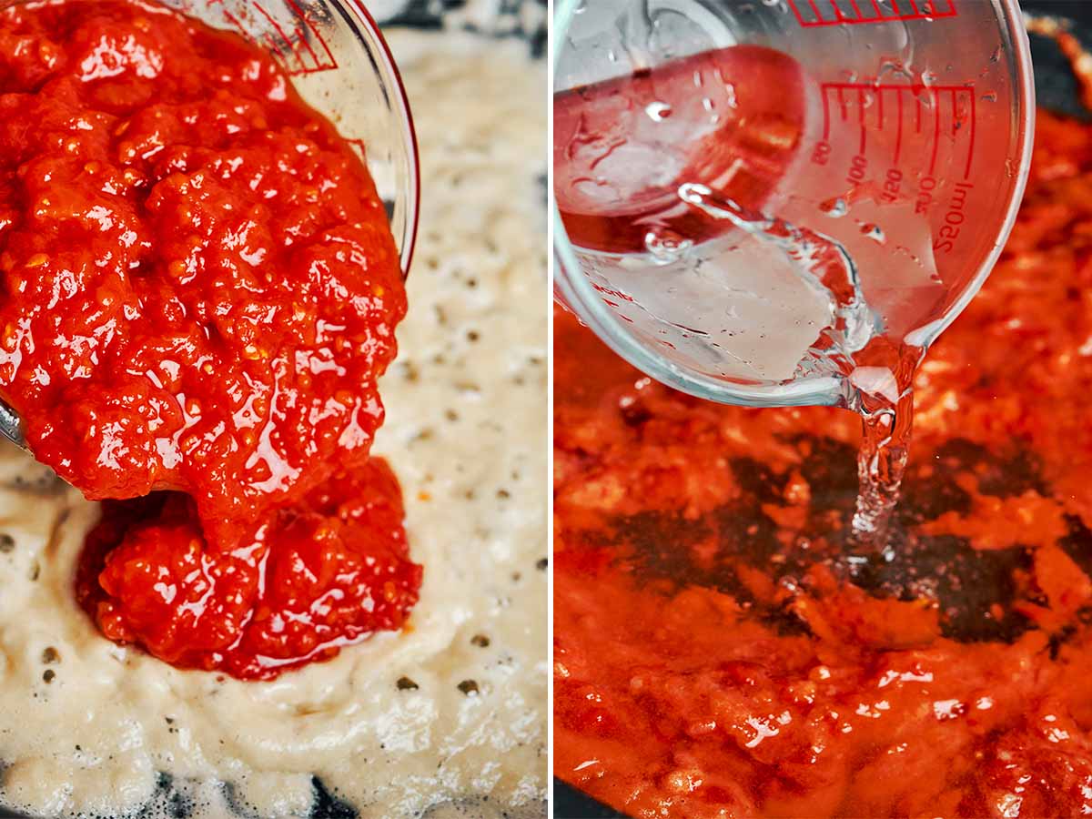 Crushed tomatoes and water added to create a rich cozy sauce