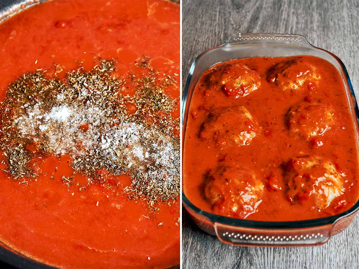 Rich homemade tomato sauce poured over cozy meatballs before baking in the oven