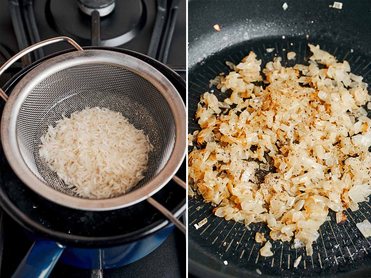 Partially cooked rice and golden sautéed onion prepared for tender homemade meatballs