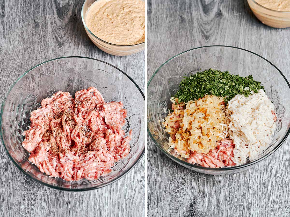 Everything coming together for the juiciest homemade baked meatballs with rice, onion, and fresh herbs