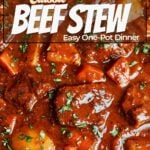 Classic beef stew with tender beef, potatoes, carrots, and rich glossy gravy, finished with fresh parsley.