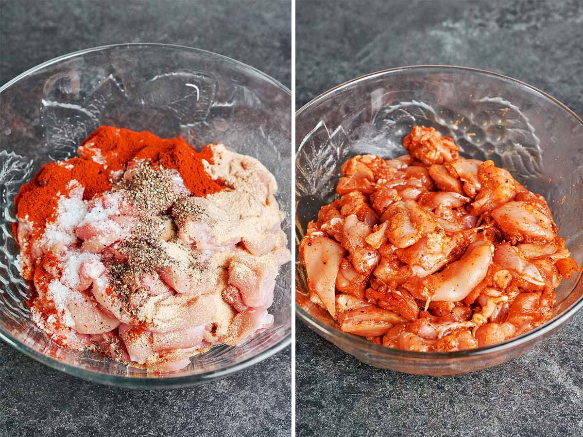 Chicken pieces seasoned with paprika, garlic powder, salt, and black pepper in a glass bowl for creamy chicken orzo