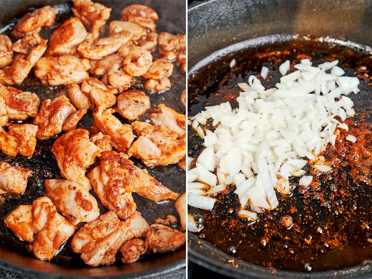 Golden seared chicken set aside while diced onion cooks in the same skillet with all those flavorful pan juices