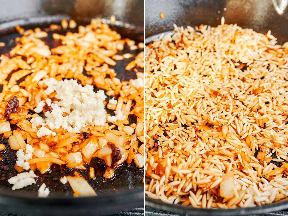 Garlic melting into the softened onions, then orzo toasted in the same skillet before adding the broth