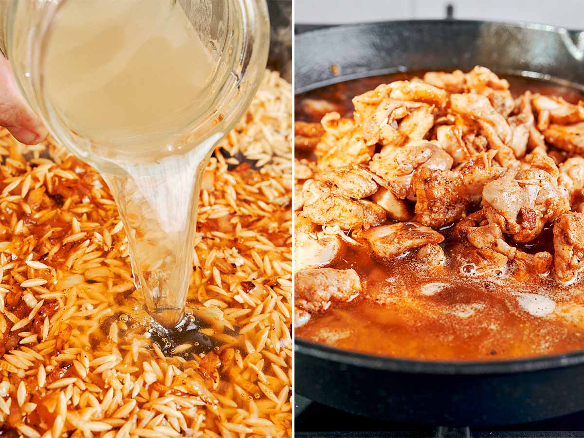 Pouring broth into the orzo before returning the seared chicken to the pan for a cozy one-skillet dinner