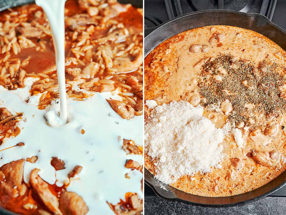 Adding cream, Parmesan, and seasoning to the skillet so the orzo turns silky, rich, and creamy