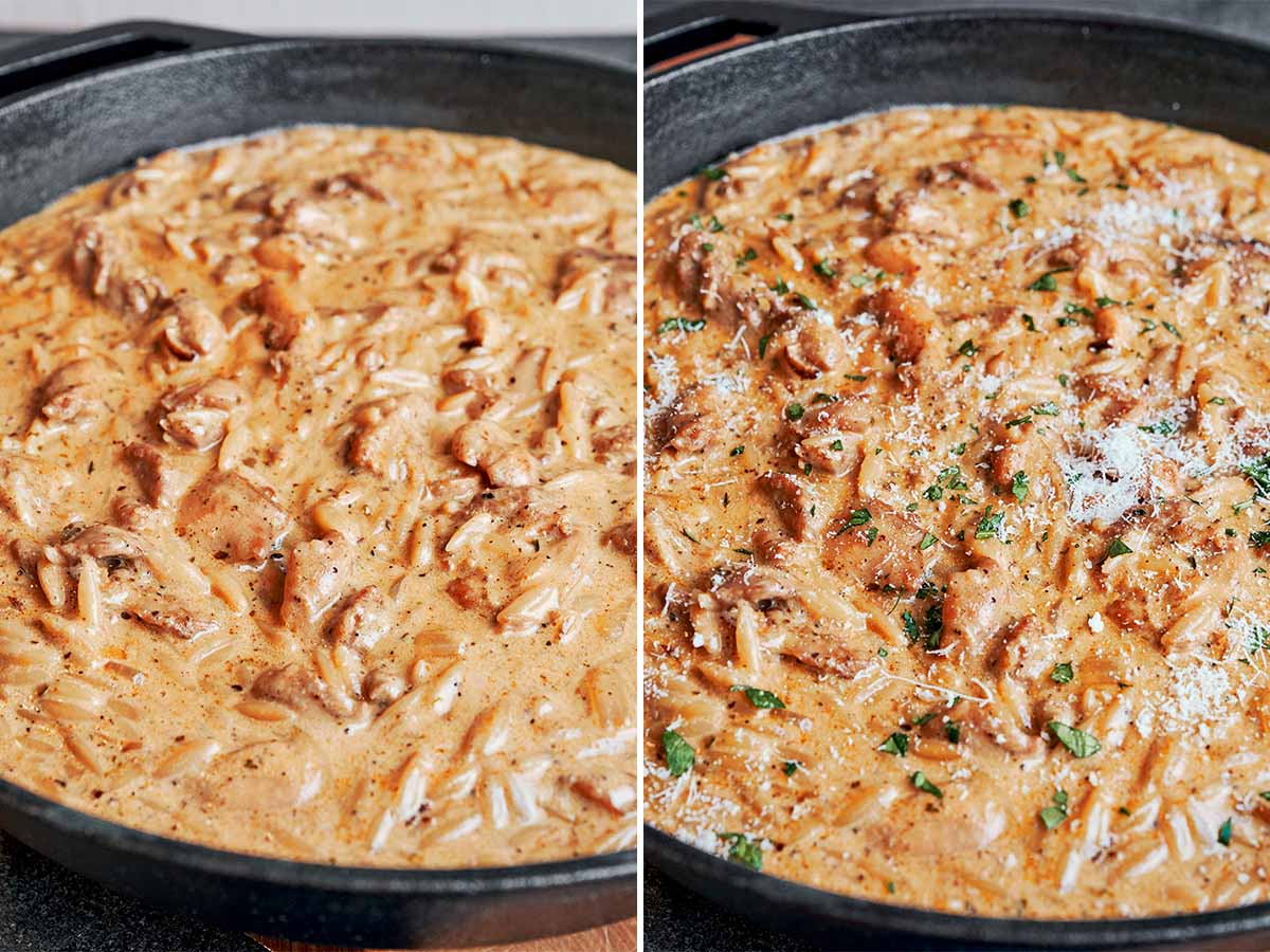 A cozy skillet of creamy chicken orzo finished with parsley and Parmesan before serving