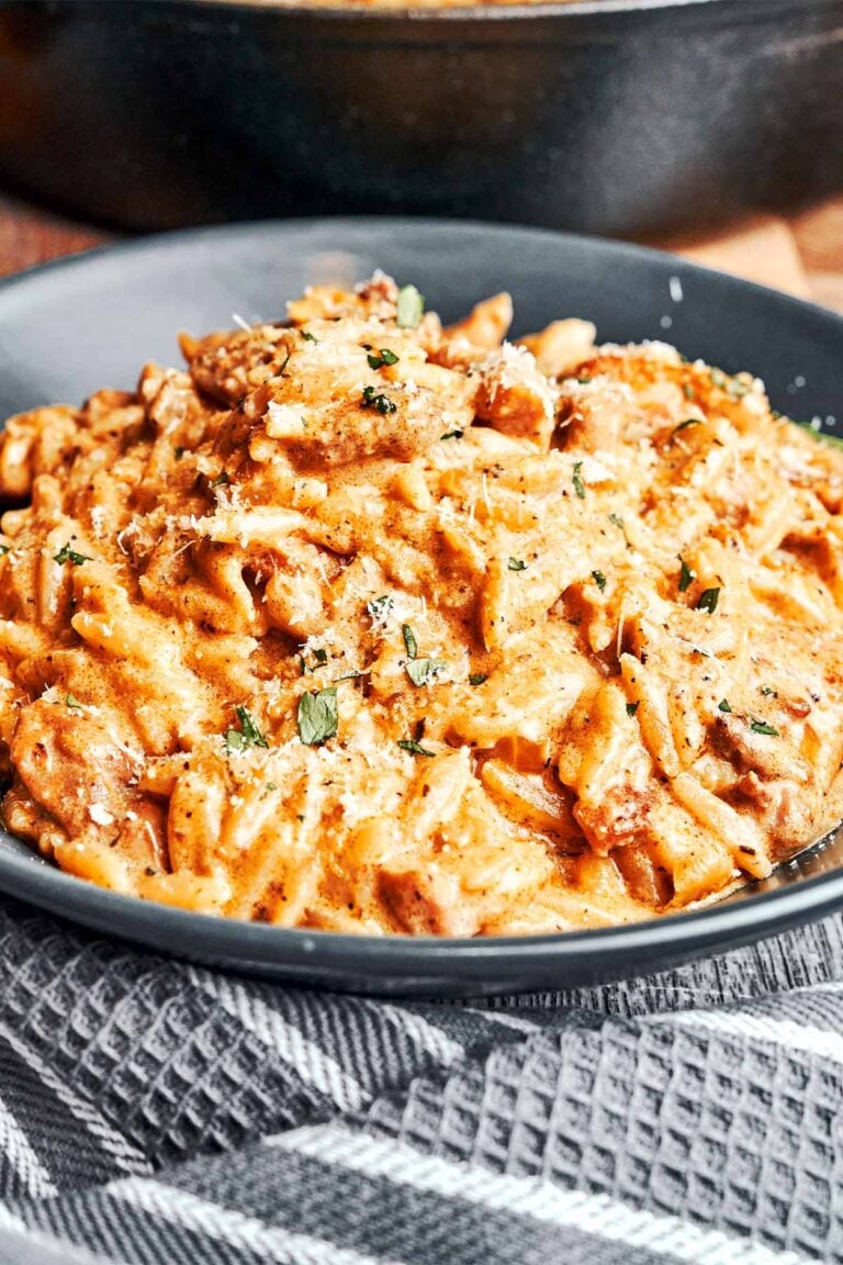 Creamy chicken orzo in a cozy bowl with Parmesan, parsley, and a silky cream sauce