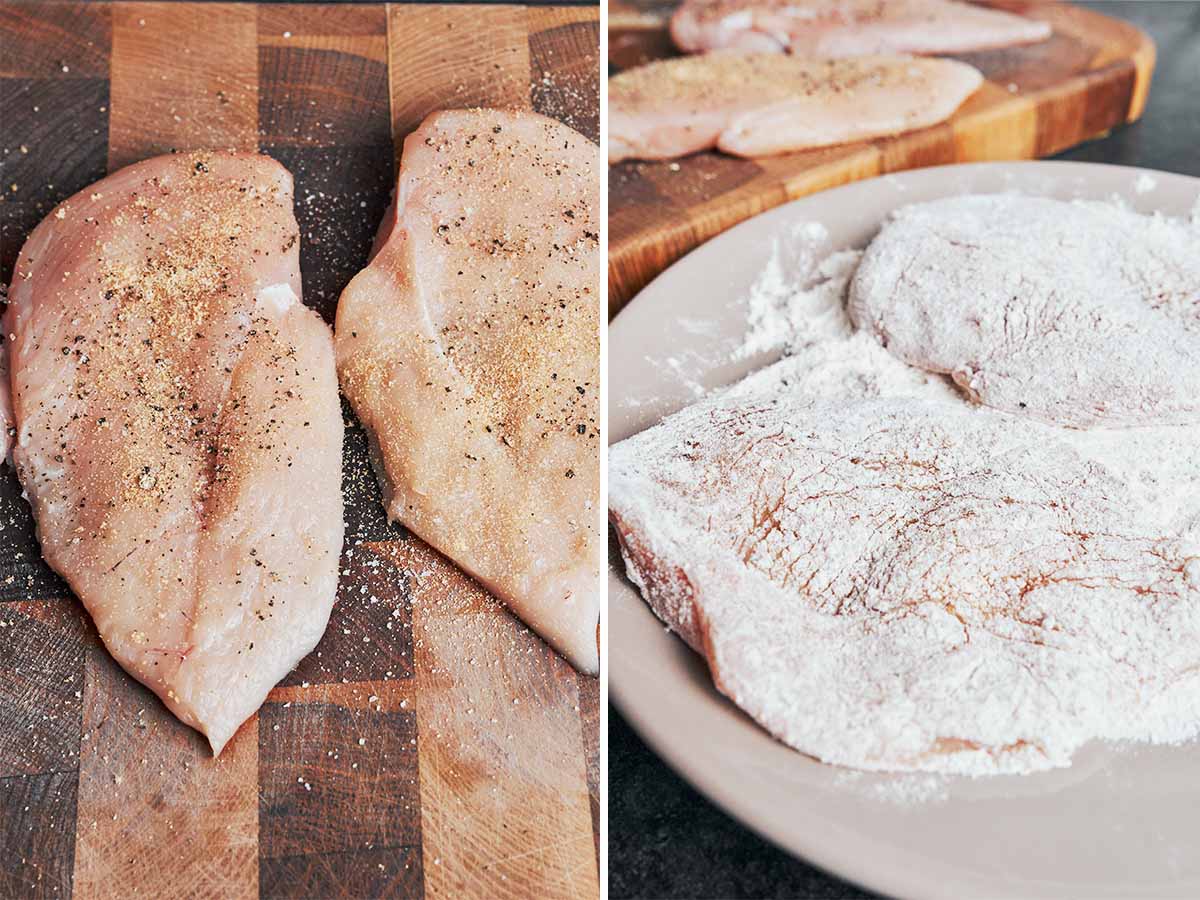 Chicken breasts sliced into thin cutlets, seasoned with salt, black pepper, and garlic powder, then lightly coated in flour.