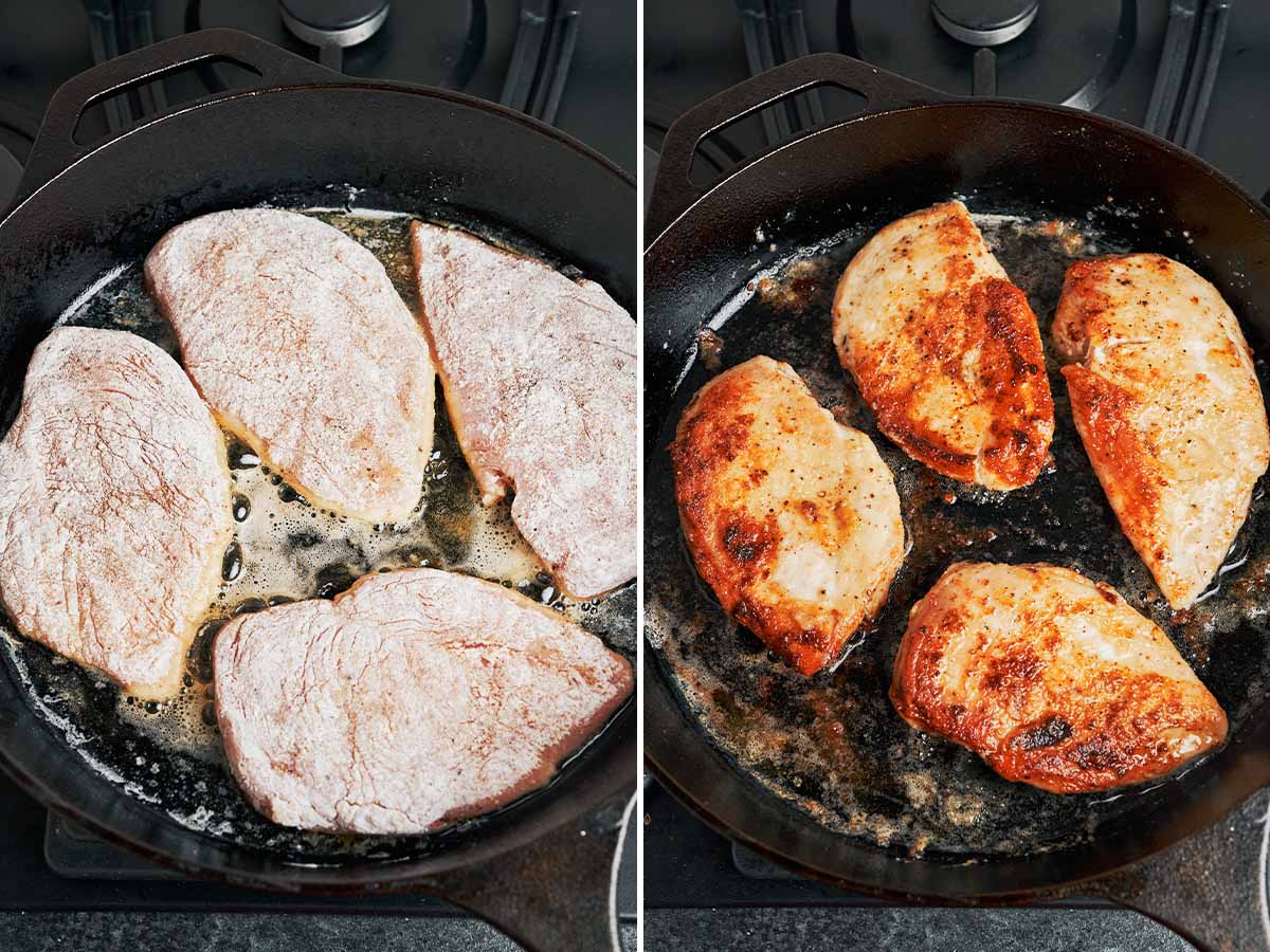 Flour-coated chicken cutlets searing in a hot skillet until golden brown for creamy chicken piccata.