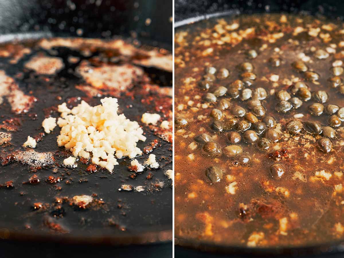 Garlic, chicken broth, and capers simmering in the skillet to build a flavorful lemon caper sauce.