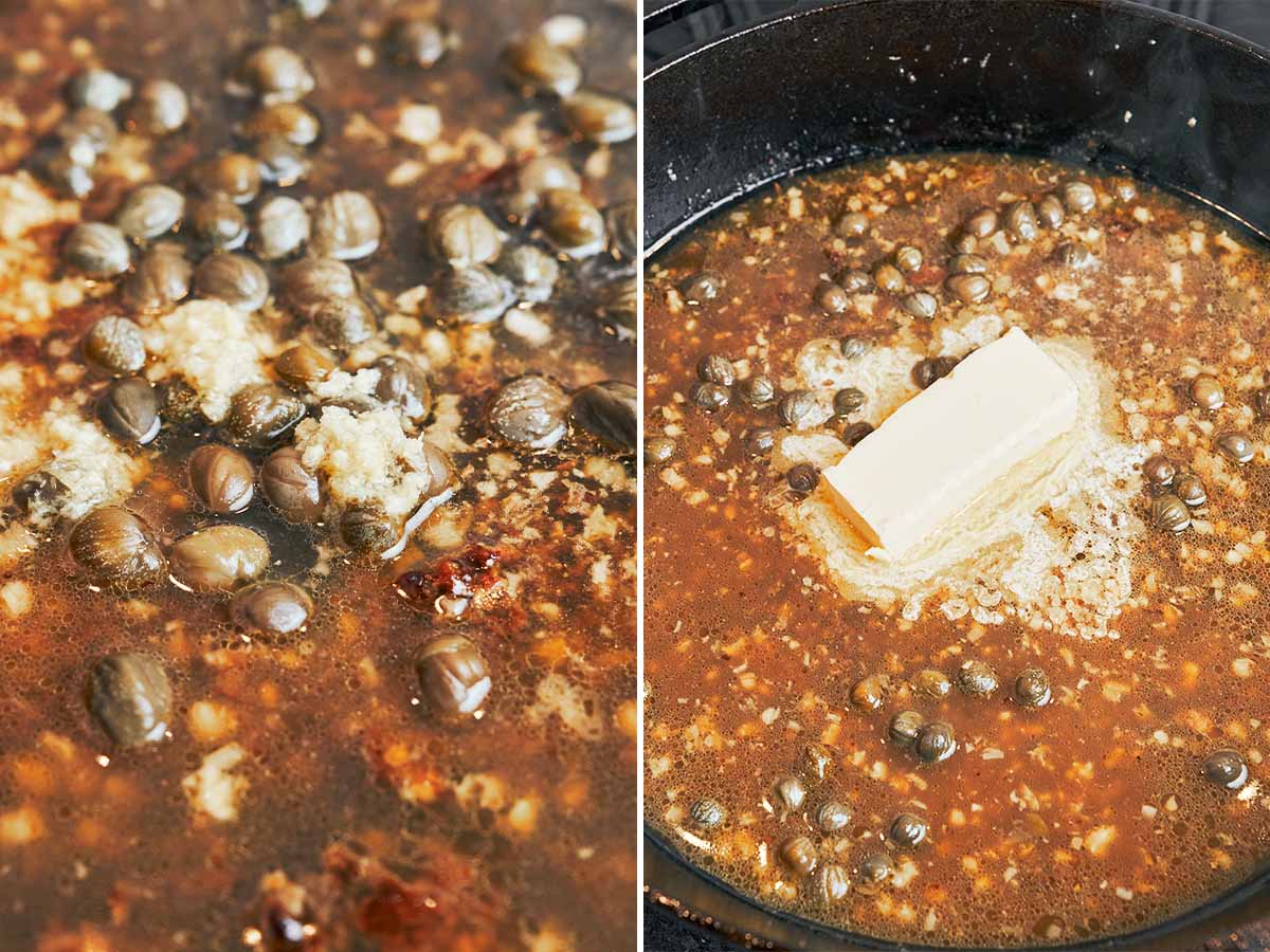 Butter melting into the caper sauce before adding cream for a smooth and rich piccata sauce.