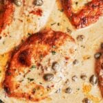 Creamy chicken piccata with golden pan-seared chicken in a silky lemon caper cream sauce, finished with parsley and lemon slices.