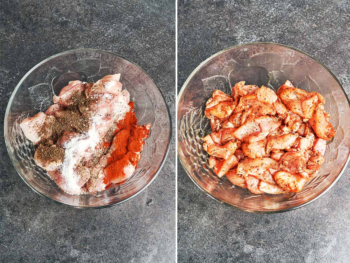Chicken thigh pieces seasoned with smoked paprika, thyme, salt, and black pepper before and after tossing