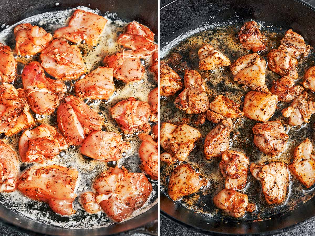 Seasoned chicken thigh pieces browning in butter in a cast-iron skillet until golden