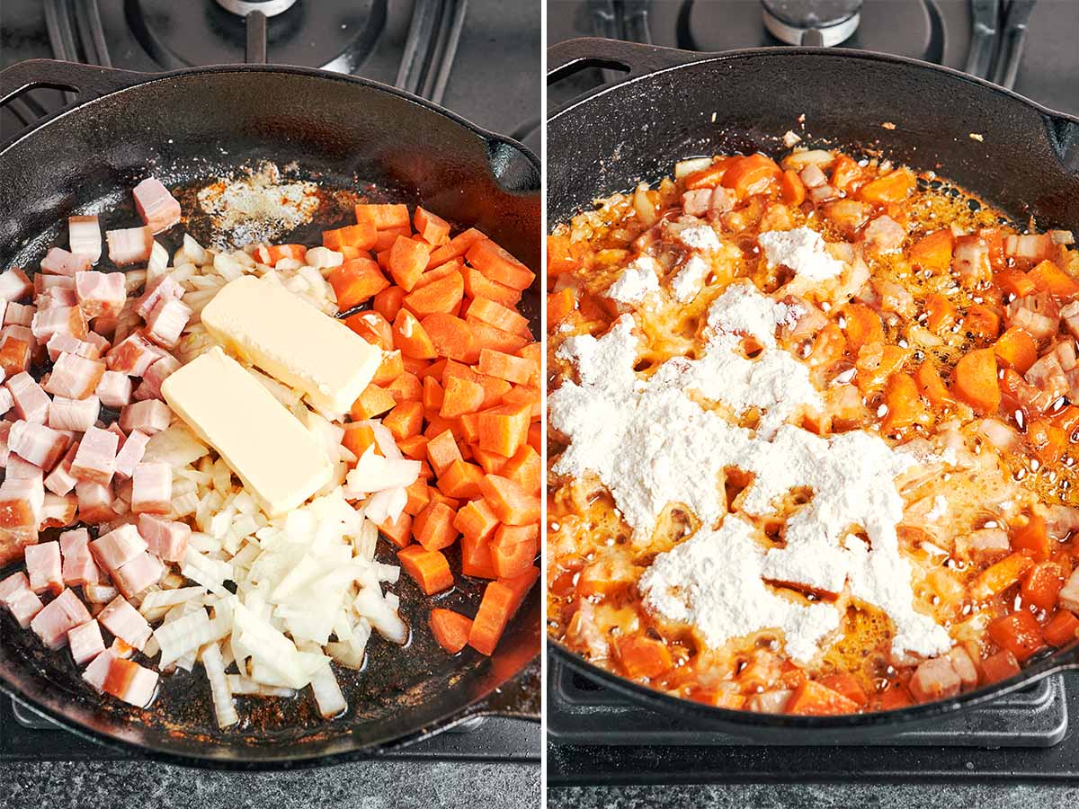 Bacon, onion, carrots, and butter cooking in a cast-iron skillet before flour is added to thicken the chowder