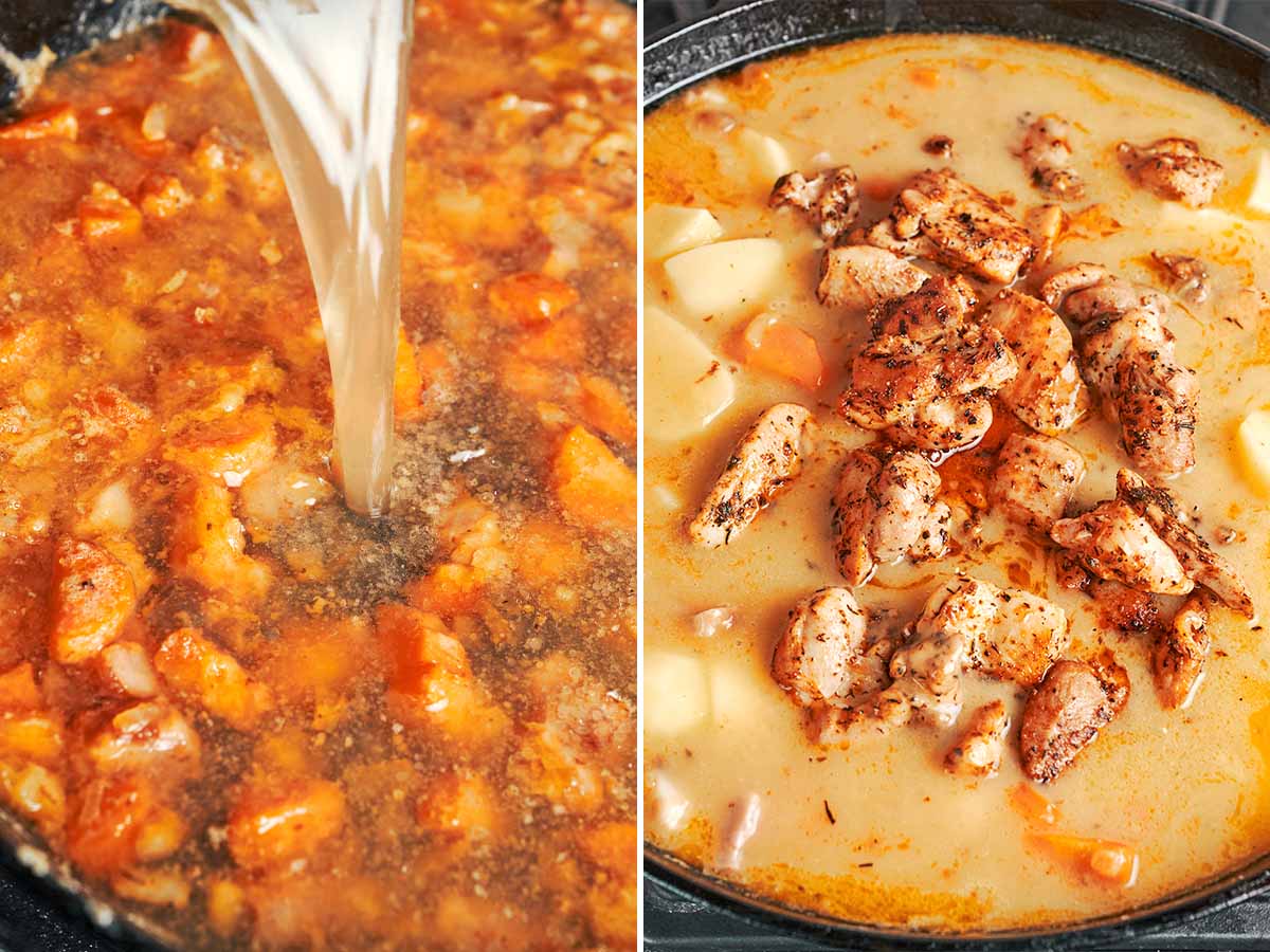 Chicken broth poured into the bacon and vegetable base before potatoes and browned chicken are added