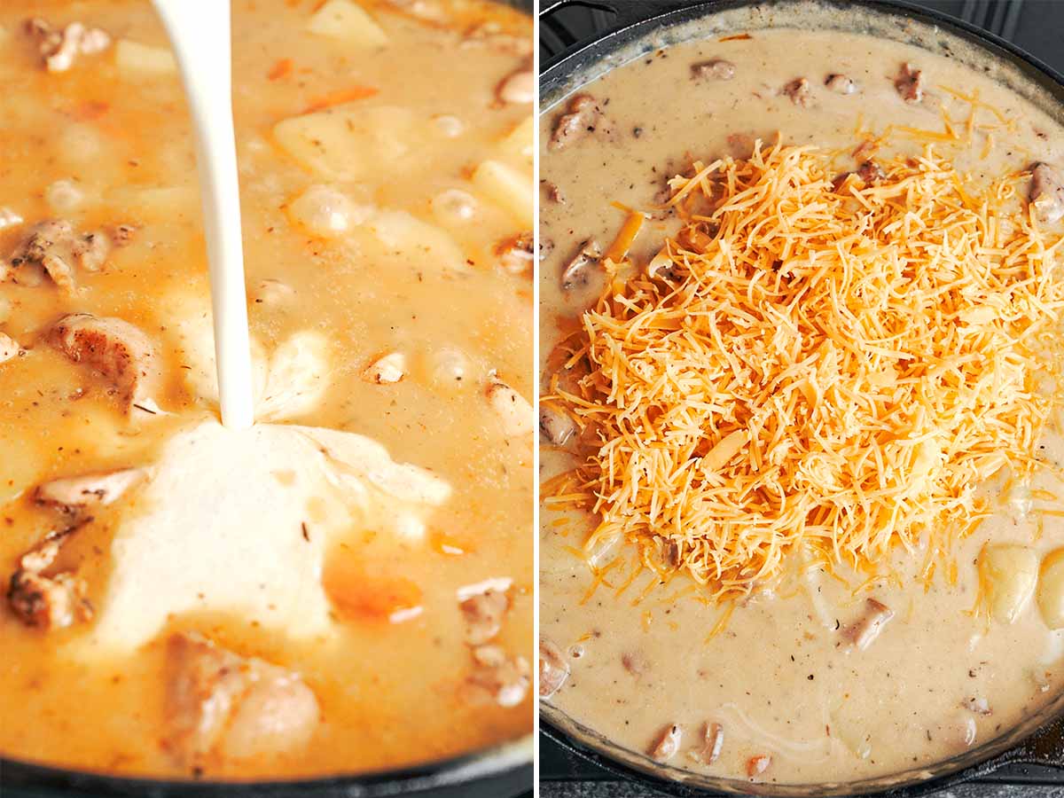 Heavy cream and freshly shredded cheddar added to chicken potato chowder over low heat