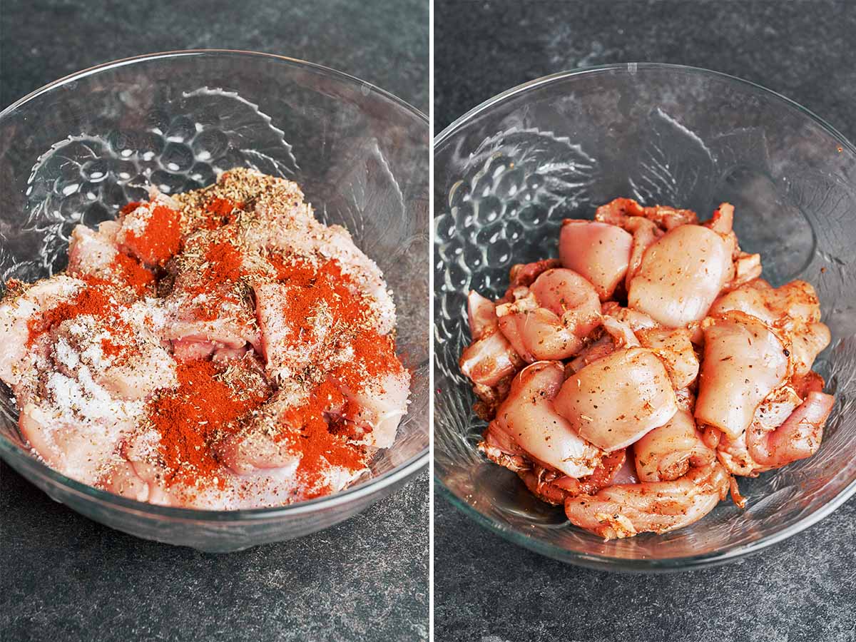Chicken pieces seasoned with paprika, Italian seasoning, salt, and black pepper for creamy chicken pasta