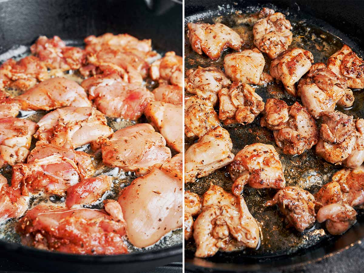 Bite-size seasoned chicken pieces cooking in a skillet until golden for creamy chicken pasta
