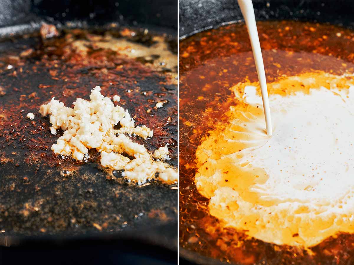 Fresh garlic cooking in the skillet before heavy cream is added for creamy chicken pasta sauce