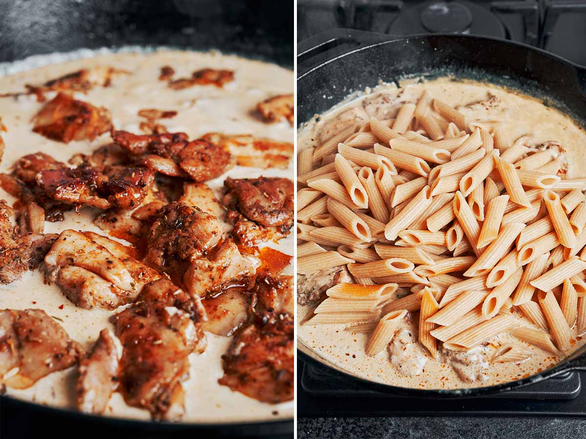 Pan-seared chicken pieces and penne pasta added to a silky cream sauce