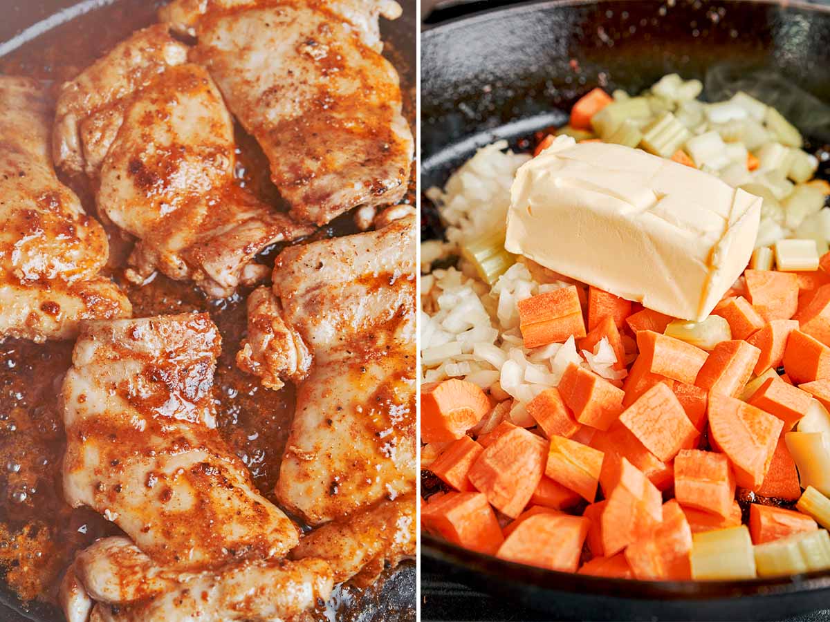 Chicken thighs and buttery vegetables cooking in a skillet before making creamy chicken soup.